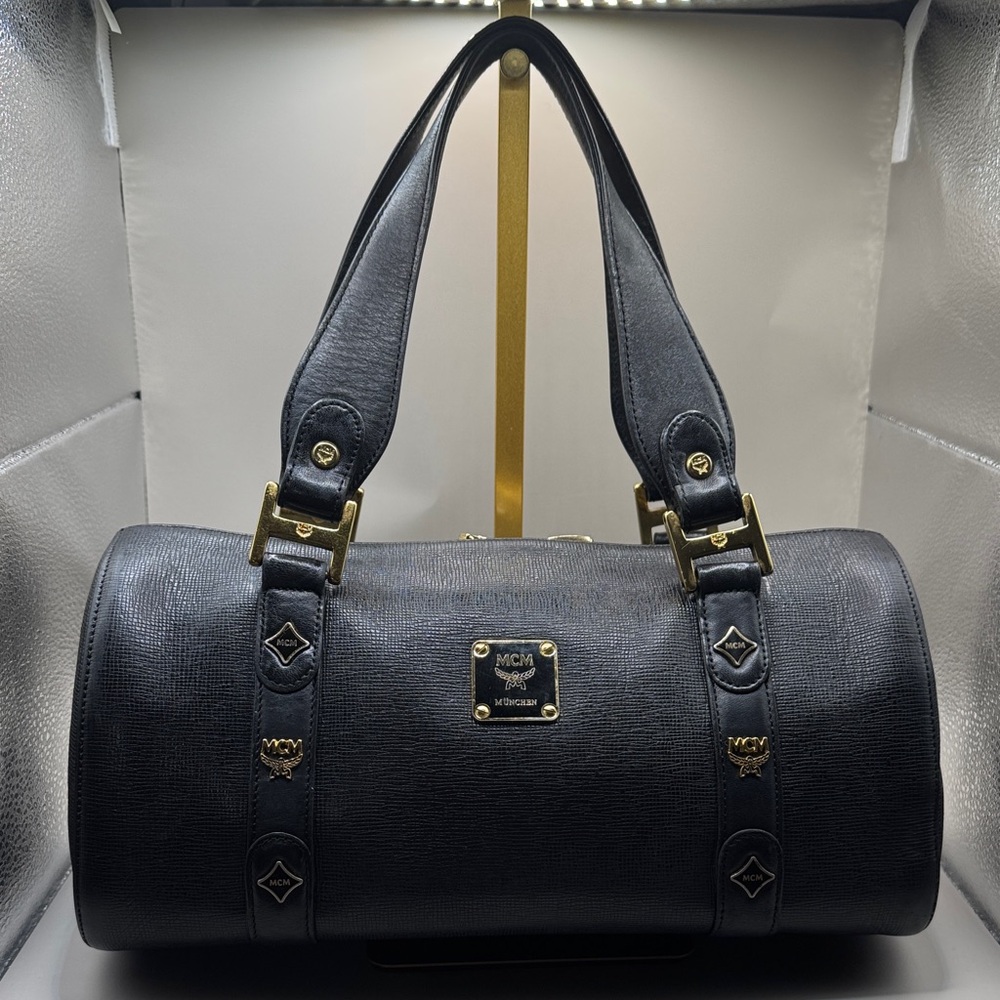MCM Black Barrel Bag with Gold Accents